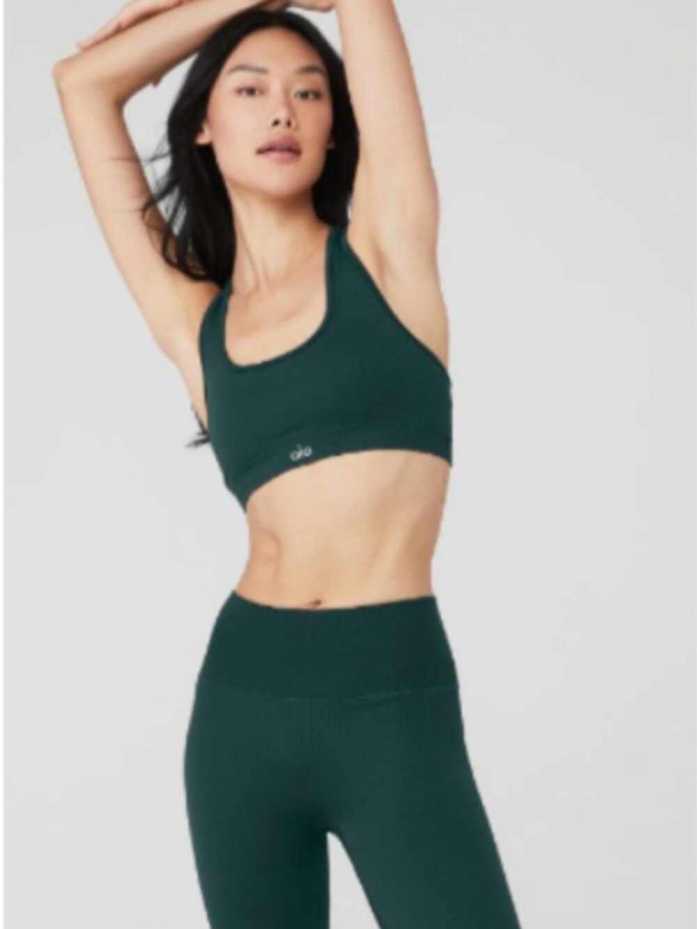 Alo Yoga Ribbed Hi Rise 7/8 Leggings XS & Matching Sport Bra M Forest Green Set